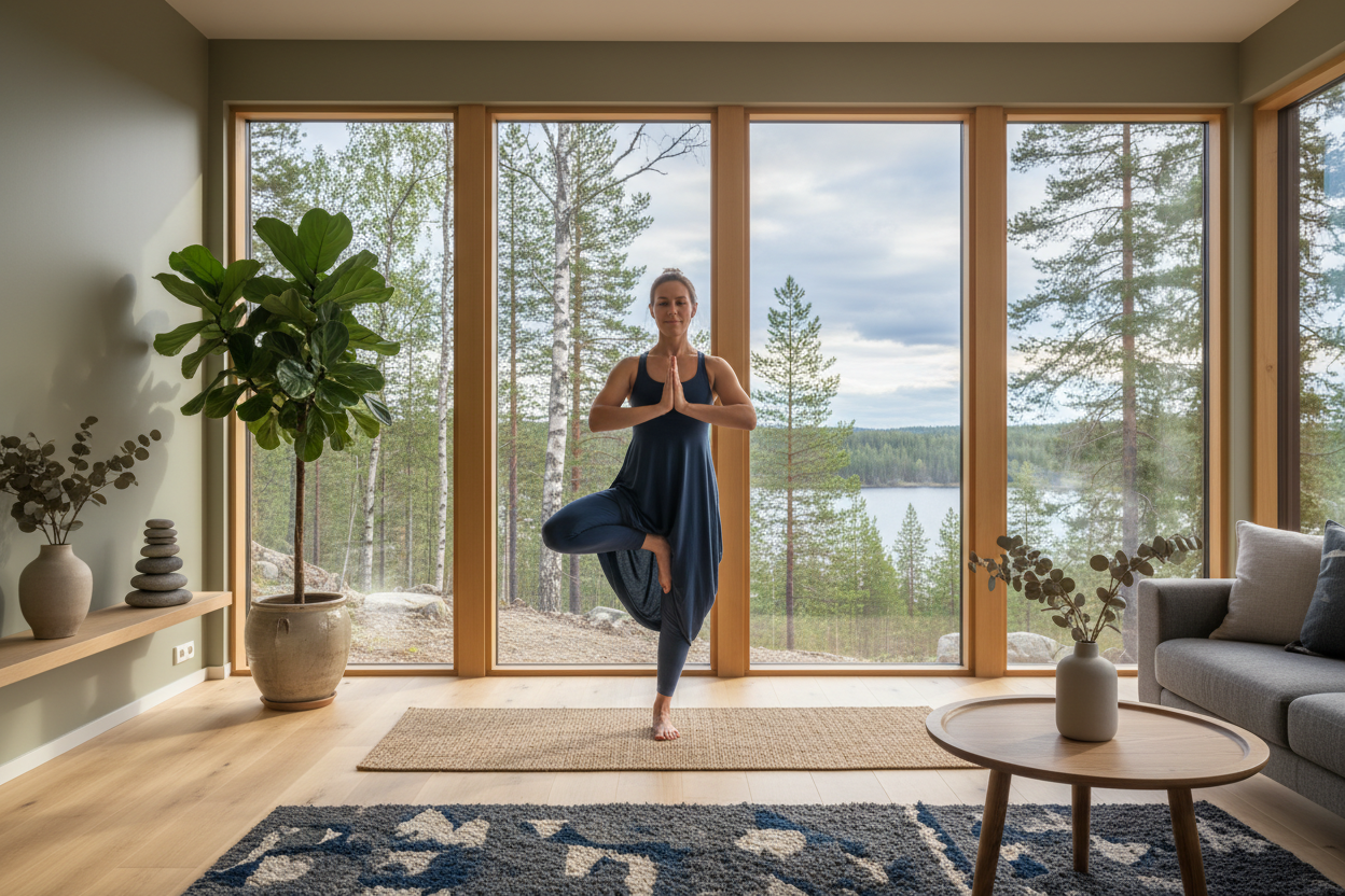 Girl doing yoga on nice place, natural features scandinavian. calls windoes you can see nature. yoga mat and a plant. more green, wooden, dark blueis, greyish colours