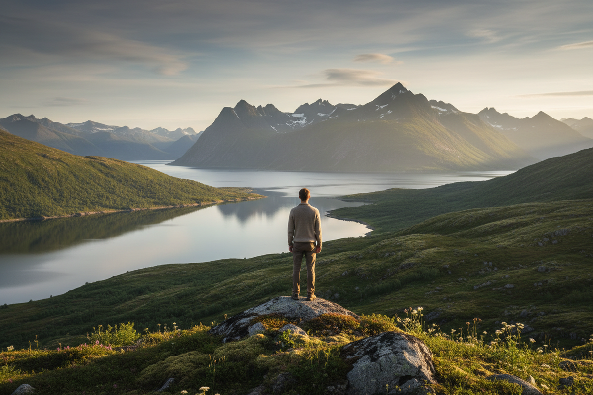 more wellness nature and scnadinavia. a person back to camera looking nature our nice view 